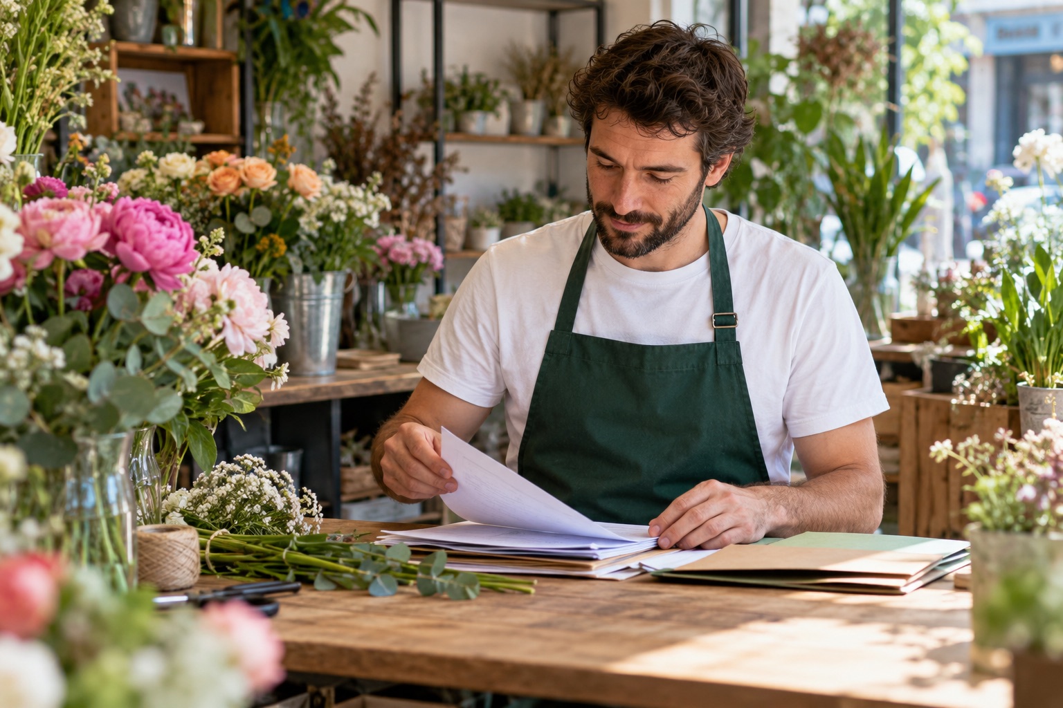 Fleuriste en tablier vert préparant un dossier d’accueil.