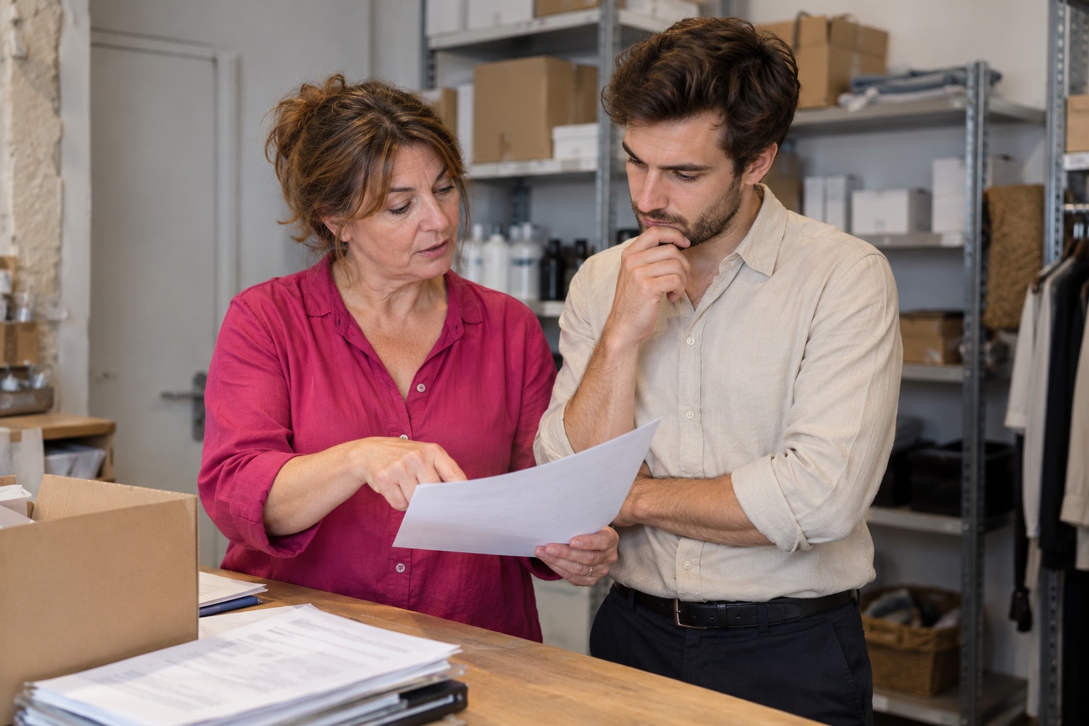 Employeuse en blouse framboise échangeant avec un vendeur en chemise beige.