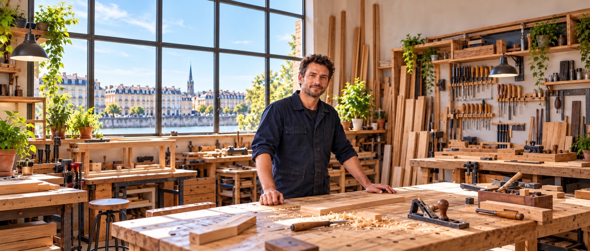 Artisan menuisier dans son atelier, près de son établi.