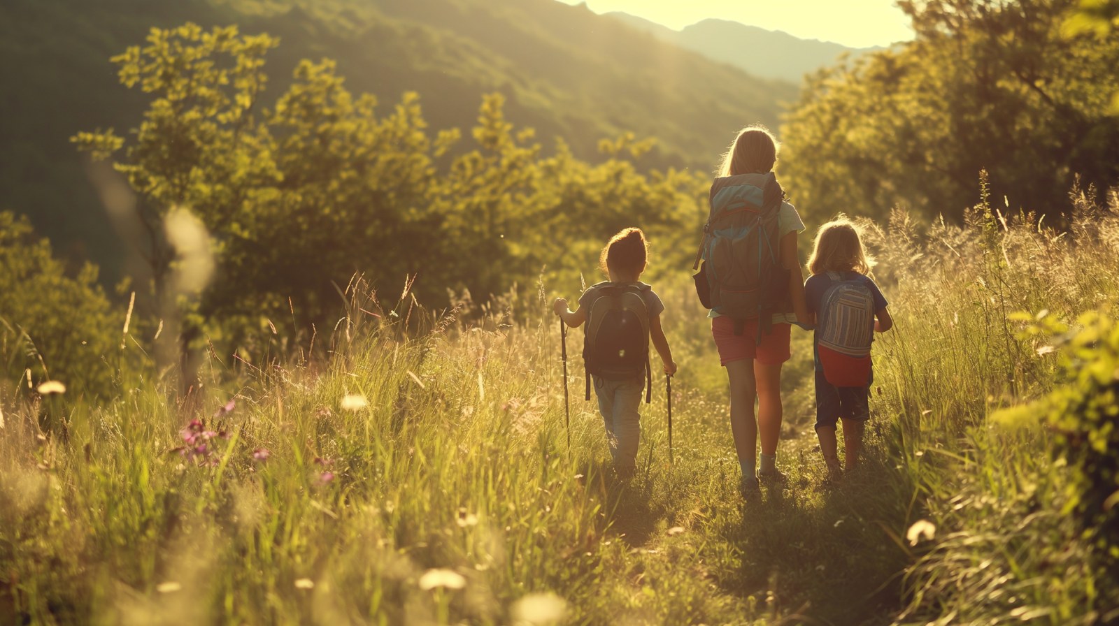 Une famille se promène sur un chemin de campagne.