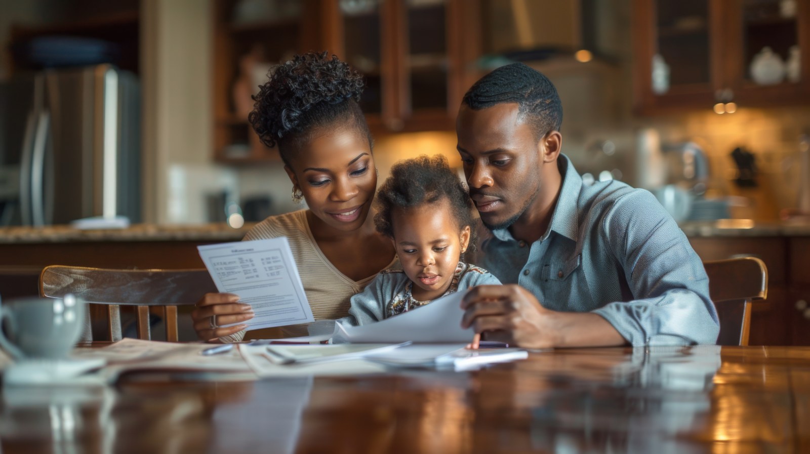 Parents et enfant réunis autour de documents à la maison.