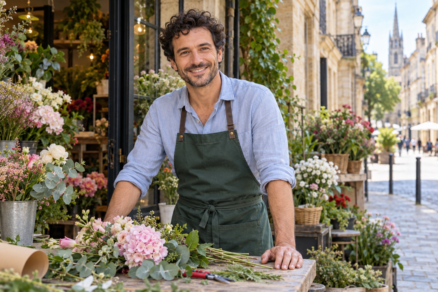 Fleuriste souriant devant sa boutique.